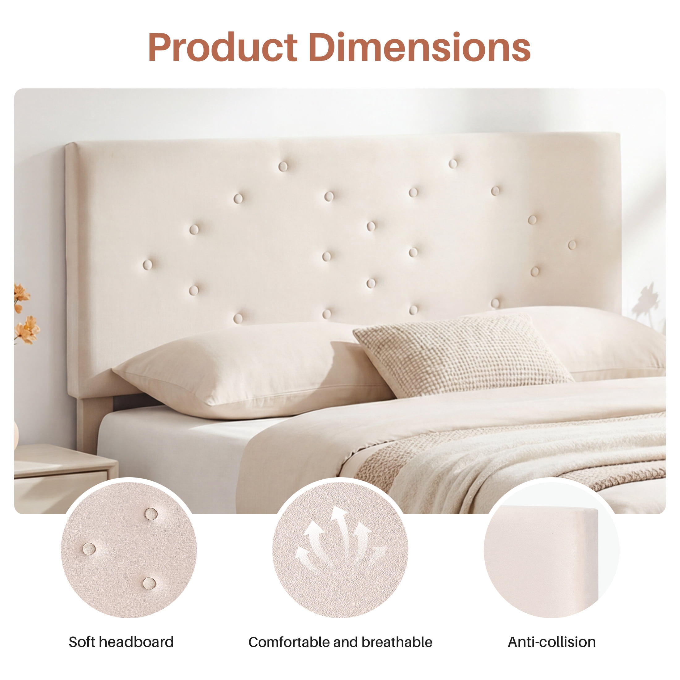 edx Upholstered Queen Bed Frame with Height-Adjustable Headboard and Crystal Buckle Accents, Beige