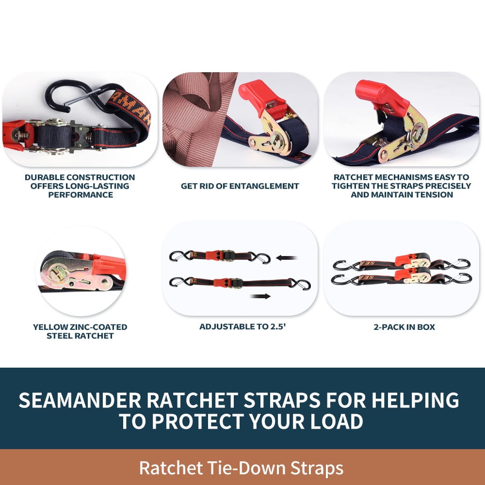 "Seamander Retractable Quick Release Transom Ratchet Tie Down Straps for Boat, Jetski & PWC Trailer, 1"" x 2.5’ Heavy Duty"
