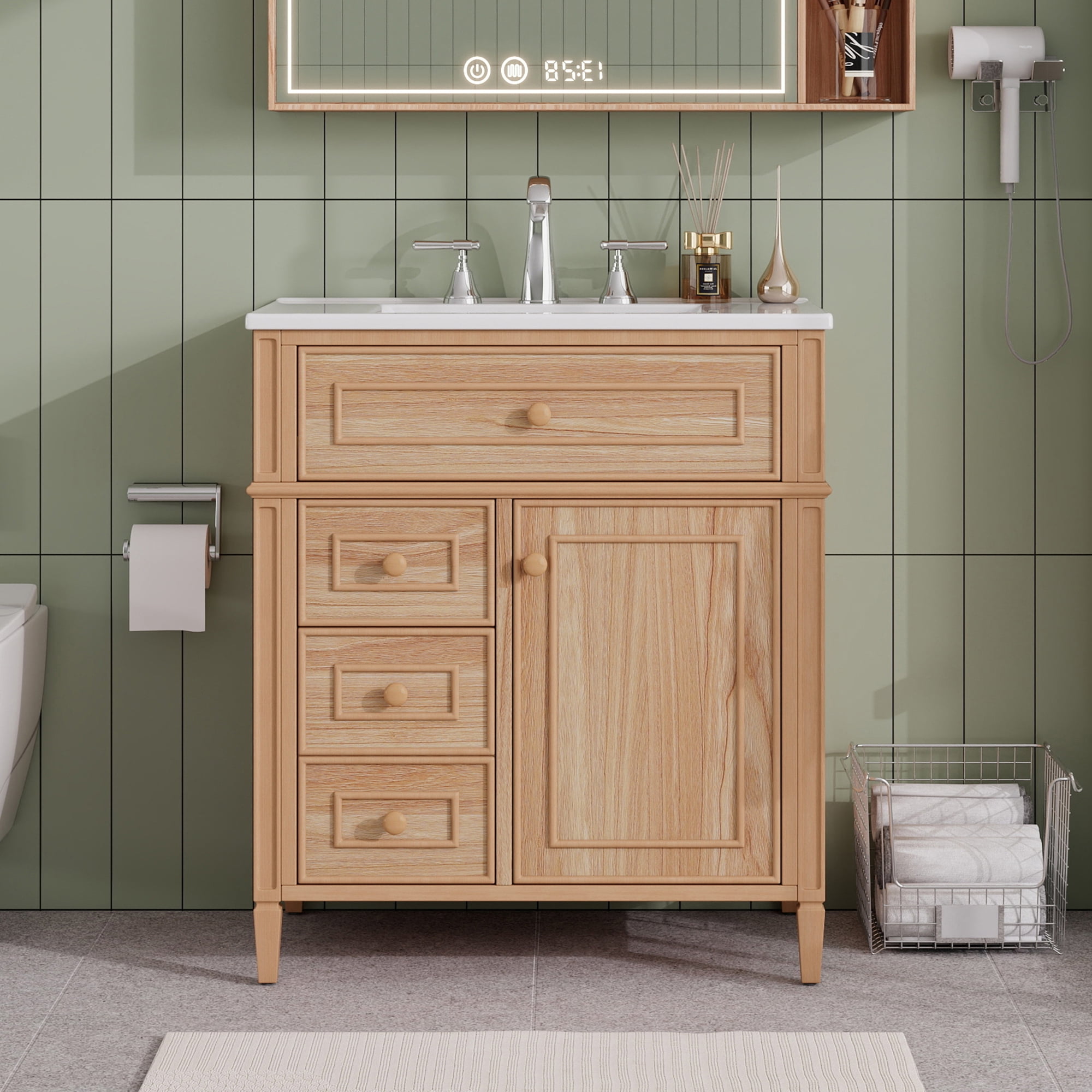Euroco 30" Bathroom Vanity with Sink, Wood Vanity Cabinet with Flip-Out Drawer, 2 Soft-Close Drawers, 1 Soft-Close Door, Solid Wood & MDF, Elegant Wood Handles