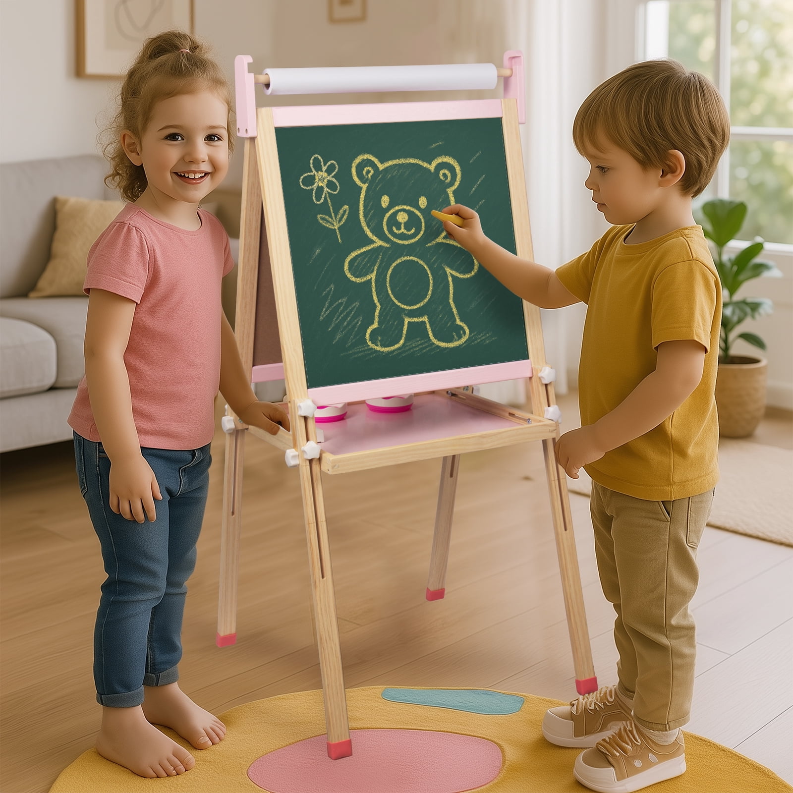 Kids Wooden Easel with Paper Roll, Adjustable Magnetic Double Sided Drawing Board Whiteboard & Chalkboard Dry Easel Board, Children Art Easel for 3-12 Years Kids Boys Girls Painting Drawing