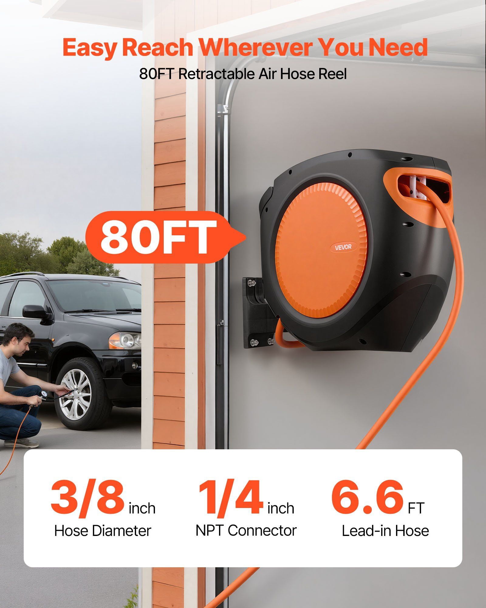 Chateauy Enclosed Retractable Air Hose Reel, 3/8" x 80FT Hybrid Hose 300PSI, 6.6FT Lead-in 180° Swivel Mount for Workshops