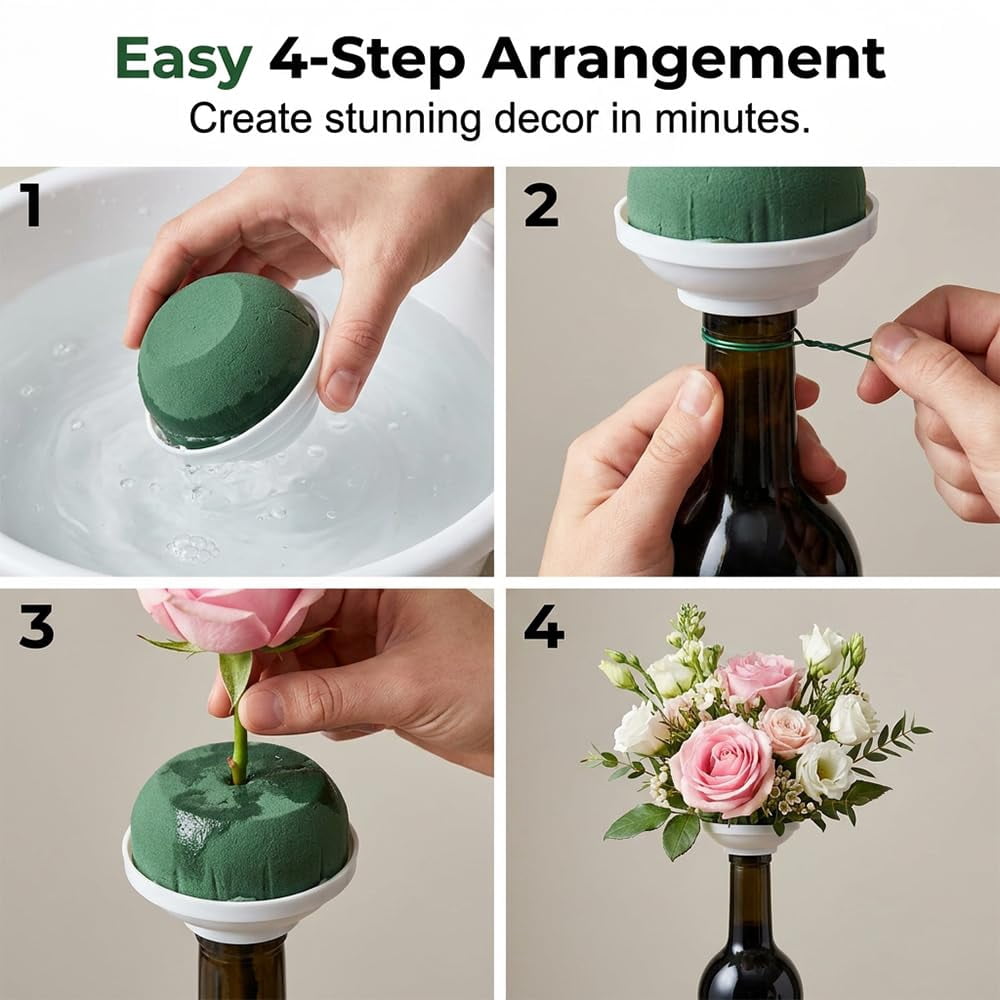 Wine Bottle Floral Foam Holders, Half Round Wet Flower Foam Cage with Base, Floral Foam for Fresh/Artificial Flowers, DIY Wedding Centerpiece Decor with Floral Wire