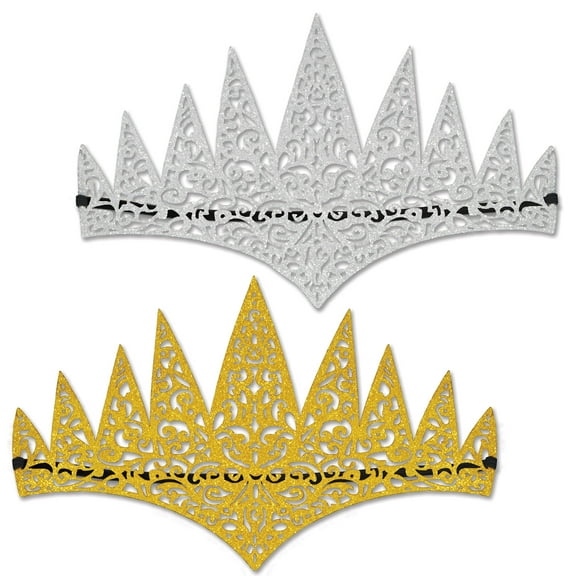 Beistle 24 Pieces Silver and Gold Glittered Cut Party Tiaras 16"