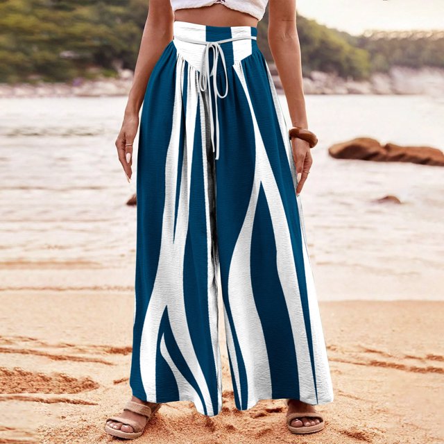 Pants for Women, Womens Fashionable Striped Printed Drawstring Wide Leg Pants