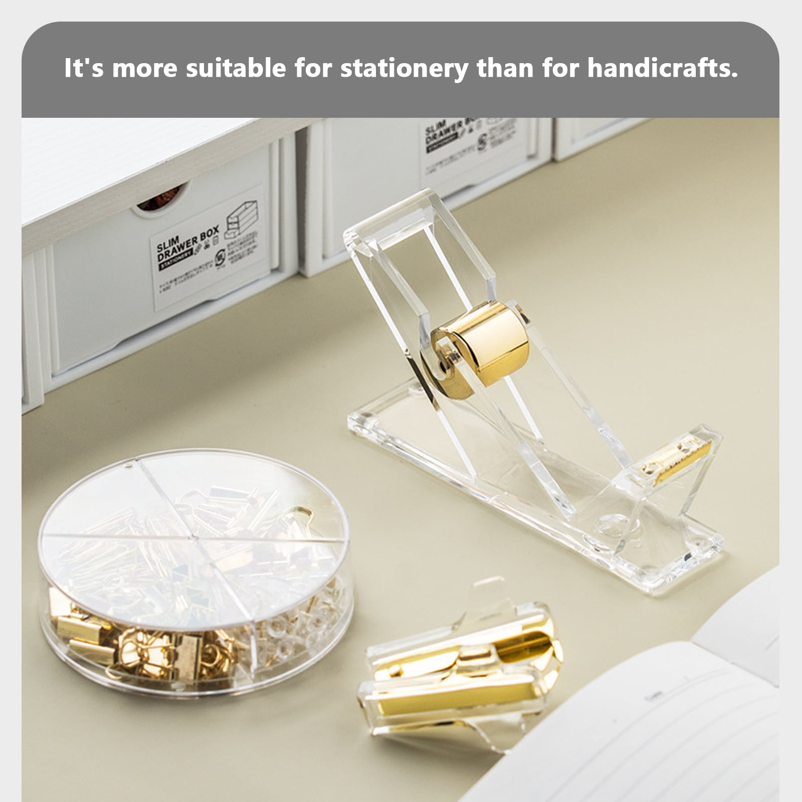 Arcticwind Desk Accessories Acrylic stapler set,staple remover,Phone Holder,Tape Dispenser,Tape/Pen Holder,Scissor,Ballpoint Pen,Binder Clips,Paper Clips and Staples.(8 piece imitation gold set)