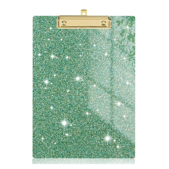 Fashionable Glitter Acrylic Clipboard with Low Profile Gold Metal Clip, Sparkly Letter Size Hardboard Document Holder for Nursing Students Teachers Office Green