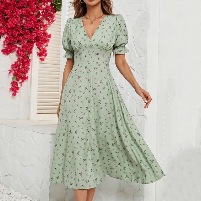 Robes pour Femmes Été 2024, Robe Longue Décontractée à Imprimé, Col en V, Manches Courtes, Fluide, 50 % de Réduction!