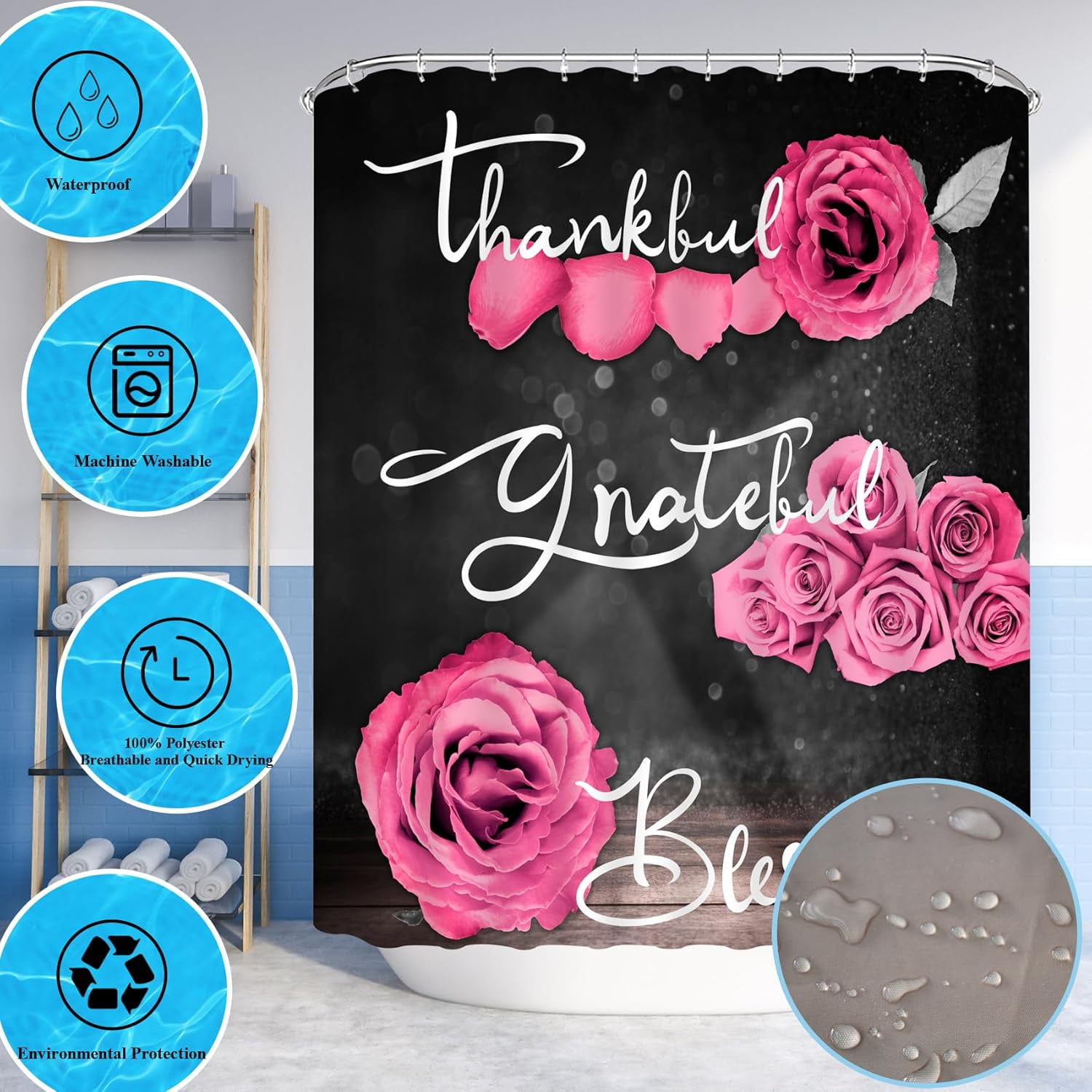 Pink Rose Shower Curtain Sets, Thankful Grateful Blessed Bathroom Curtain with Non-Slip Rug, Toilet Lid Cover, Bath Mat and 12 Hooks, Romantic Showy Floral Wedding Decor for Bath