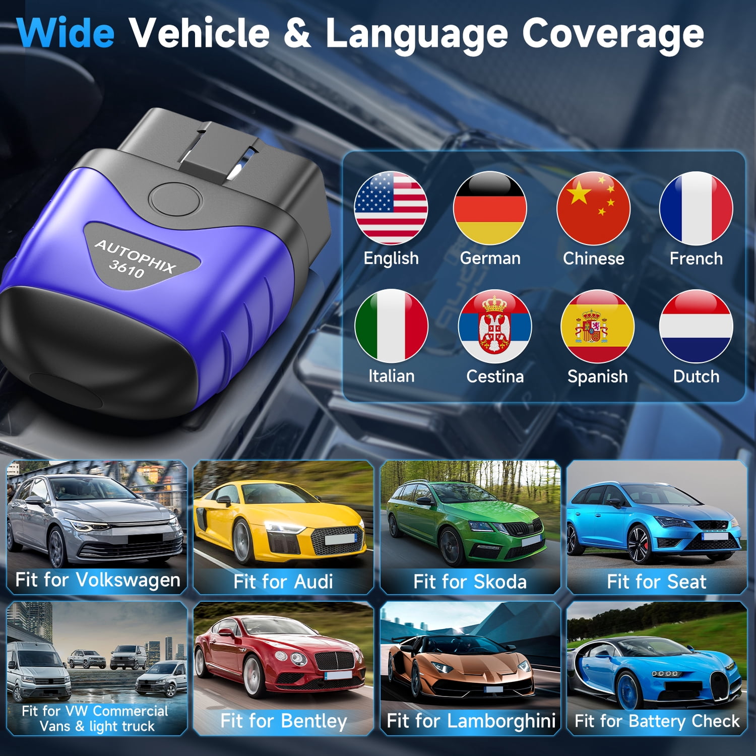 Autophix 3610 Wireless Bluetooth OBD2 Scanner Fits for VW Audi Skoda Seat Cars Scan Full-System Car Code Reader OBD2 Scanner with EPB Service Reset Throttle Learning for VAG Vehicles Diagnostic Tool