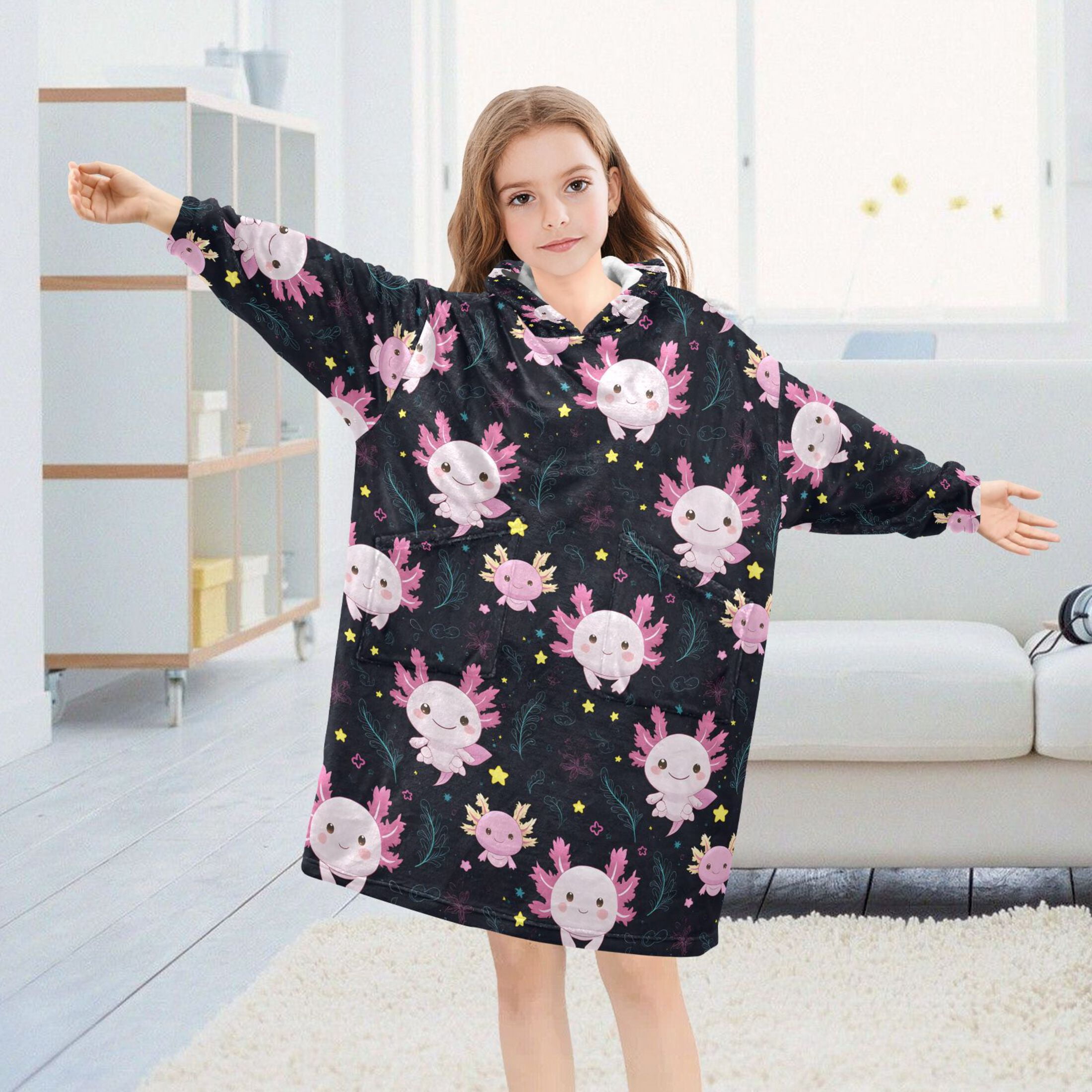joogoo Wearable Blanket Hoodie for Cartoon Axolotl Stars Oversized Sherpa Hooded 3-14 YR M