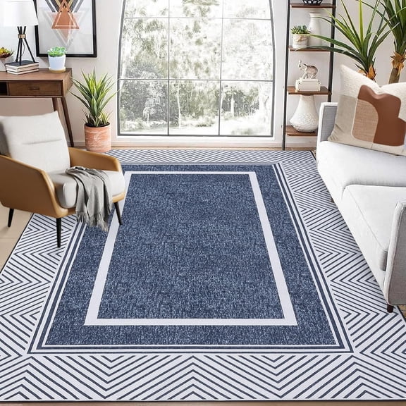 QinaQin 8x10 FT Large Area Rug,Machine Washable Rug,Non Slip Low Pile Rug Contemporary Lines Stain Resistant Indoor Carpet for Living Room,Blue