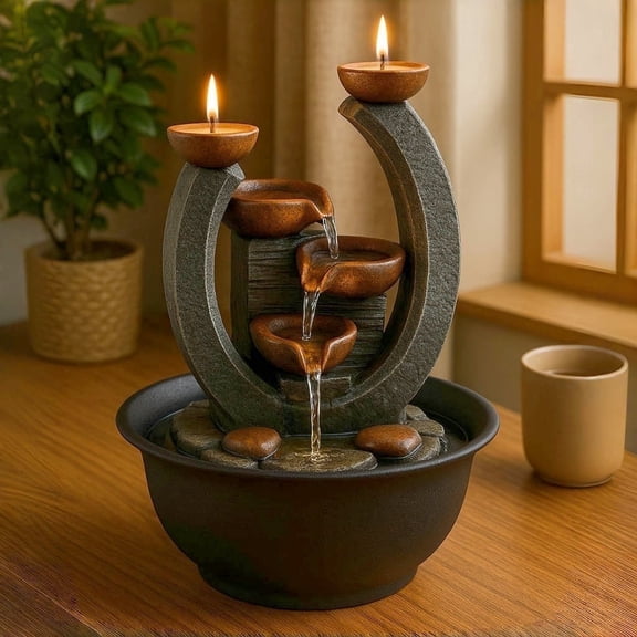 MEHOOM 3 Tier Tabletop Waterfall Fountain with Candle Holder,Water Fountain Indoor Home
