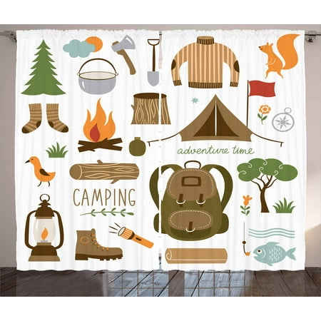 Adventure Curtains 2 Panels Set, Camping Equipment Sleeping Bag Boots Campfire Shovel Hatchet Log Artwork Print, Window Drapes for Living Room Bedroom, 108W X 63L Inches, Multicolor, by Ambesonne