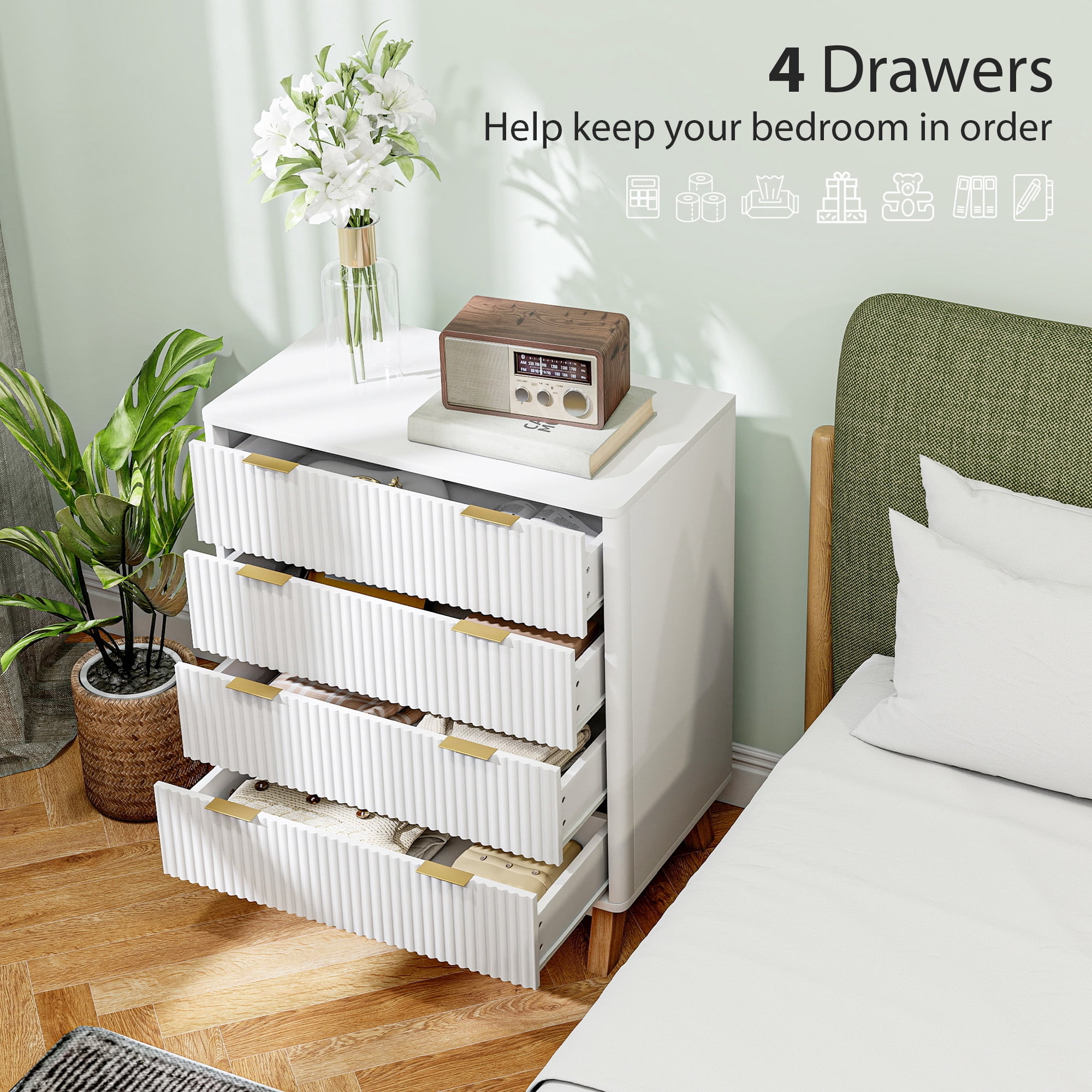 HOMCOM Fluted Dresser for Bedroom with 4 Drawers, Chest of Drawers with Gold Finger Pulls and 4 Wood Legs, White