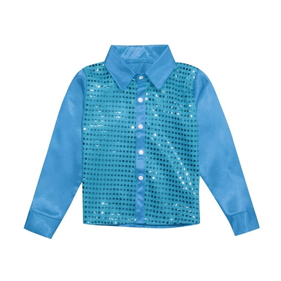 Boys Shirts Size 14-16 Kids Girls Sparkly Sequins Dance Top Boys Long Sleeve Button Down Shirt for Jazz Dance Performance Sky Blue, 7-8 Years