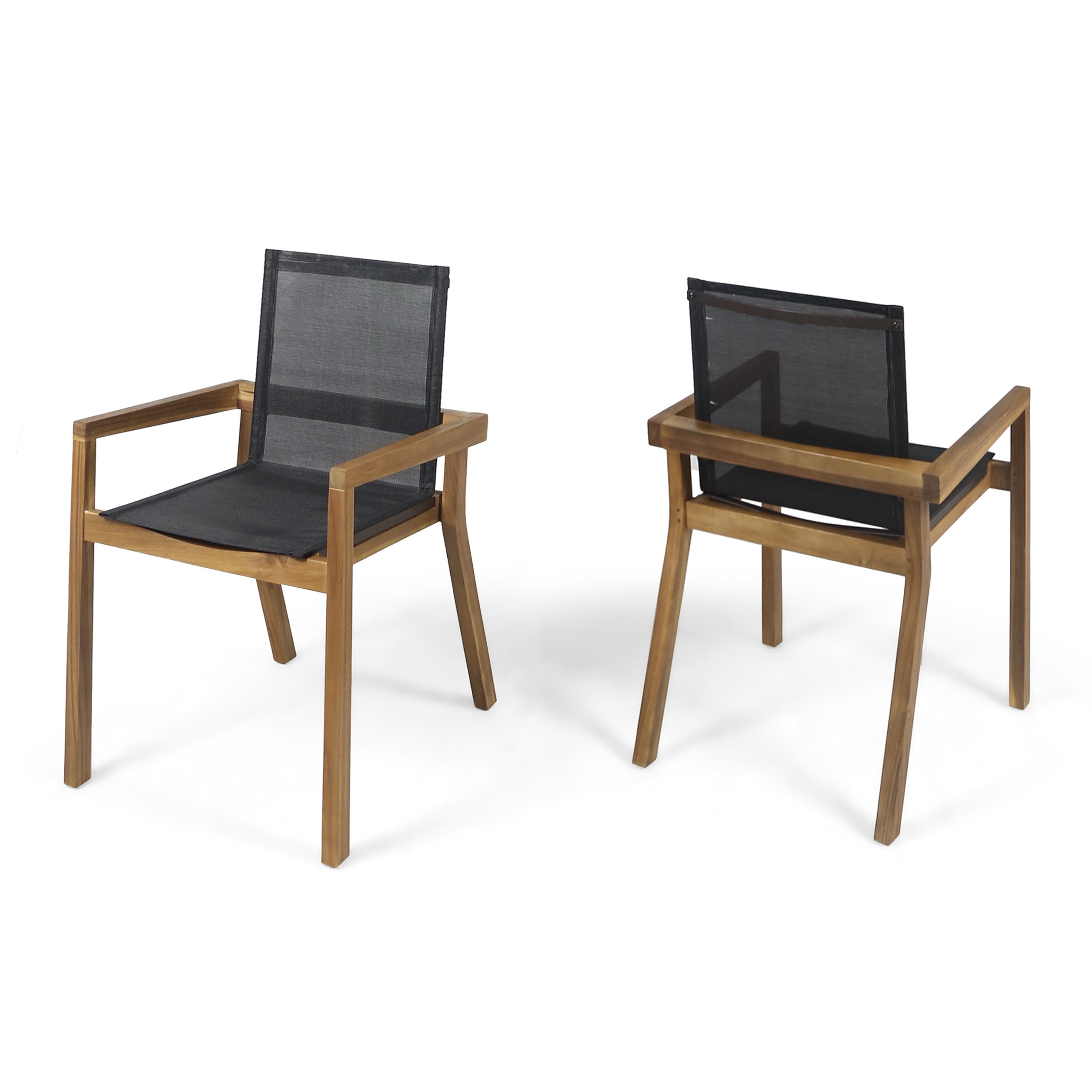 Outdoor Dining Chairs, Patio Chairs Set of 2, Acacia Wood Frame and Black Mesh Seating with Armrests, Durable Furniture for Outdoor Dining or Lounge Area in Teak Finish