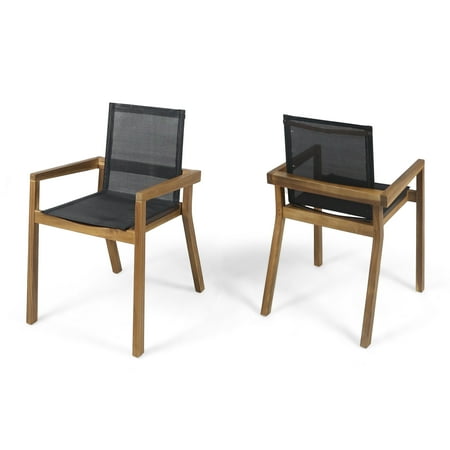 Cordeaux Outdoor Mesh and Acacia Wood Dining Chairs  Set of 2  Teak and Black