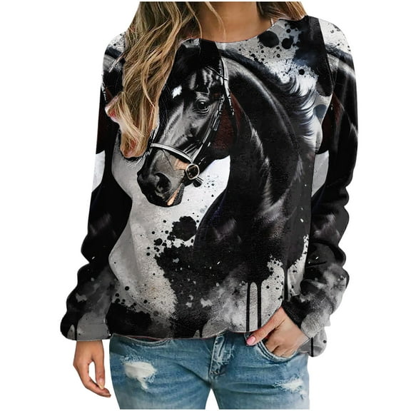Dyegold Womens Tops Casual Comfy Fleece Casual Cropped Pullover Plus Size Workout Teen Girls Shirts Ladies Horse Printed Sweatshirt Oversized Y2k Hoodie Winter Graphic Sweater Jacket