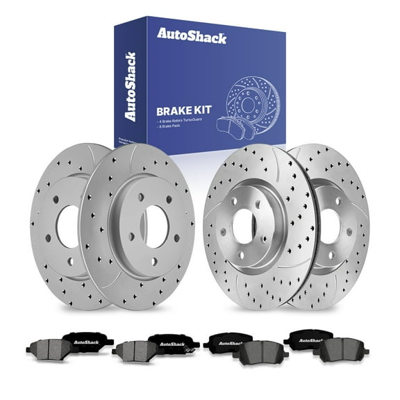 AutoShack Front Vented & Rear Solid Drilled & Slotted Coated Brake Rotors Silver Matte Finish   Premium Ceramic Pads 12-PC Brake Kit Replacement for 2004-2012 Chevrolet Malibu TurboGuard
