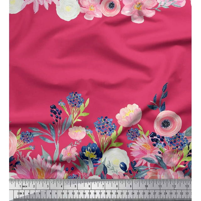 Soimoi Pink Cotton Duck Fabric Ranunculus & Chrysanthemum Floral Print Fabric by the Yard 58 Inch Wide