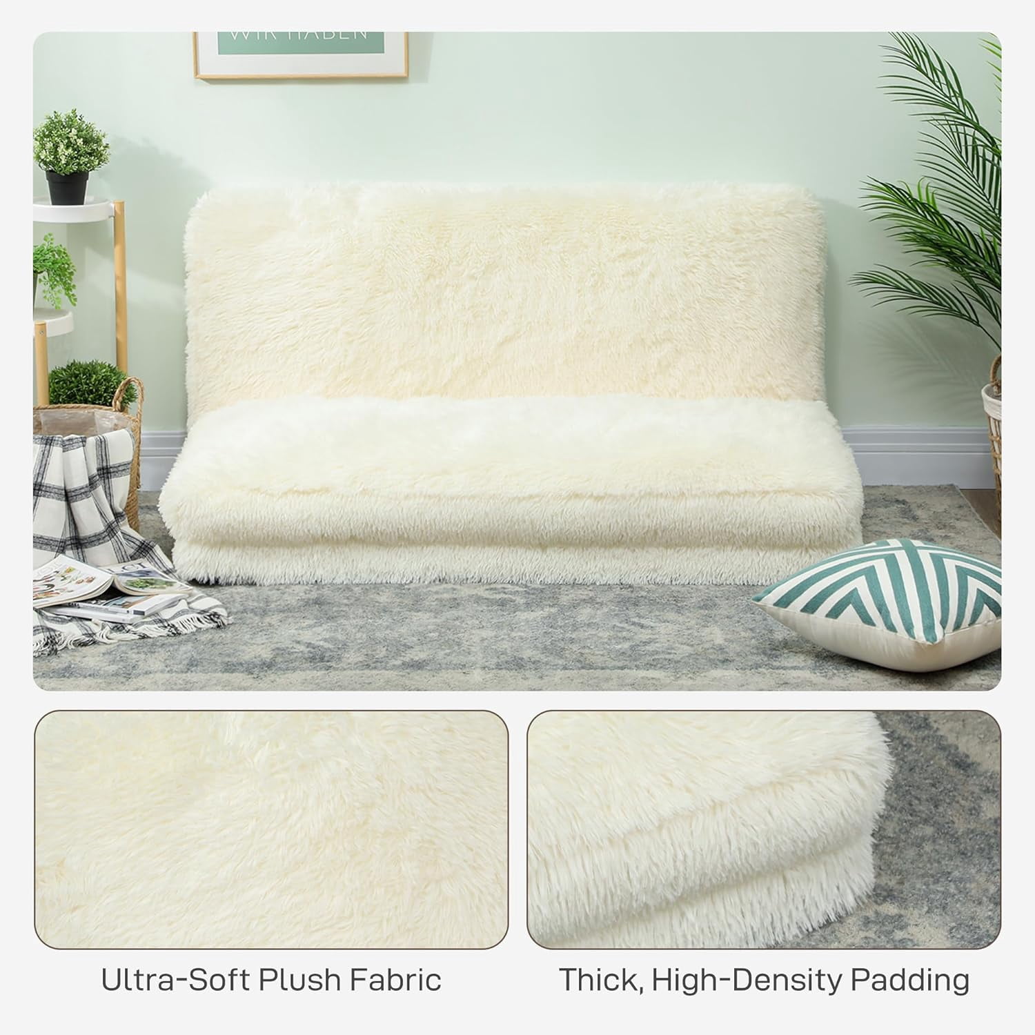 HOMCOM Bean Bag Chair Floor Sofa Bed for Adults, Thick Long Folding Sofa Bed 54 x102 in, Wall Couch Sleeper Chair Floor Mattress for Living Room, Cream White