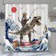 thumbnail image 4 of Divertida cortina de ducha con diseño de dinosaurio y gato, divertida y fresca, con ondas oceánicas japonesas, cortinas de ducha de tela impermeable (72 x 72 pulgadas, marrón), 4 of 5