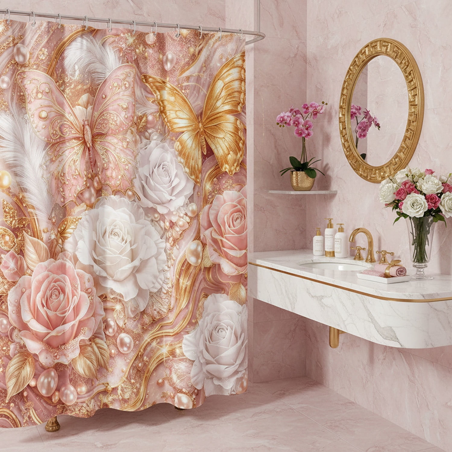 Luxury Pink and Gold Butterfly Floral Shower Curtain, Elegant Marble Rose Modern Texture Shower Curtains for Bathroom Decor, Elegant Golden Fluid Aesthetic Bath Curtain Set with Hooks, 60X70IN