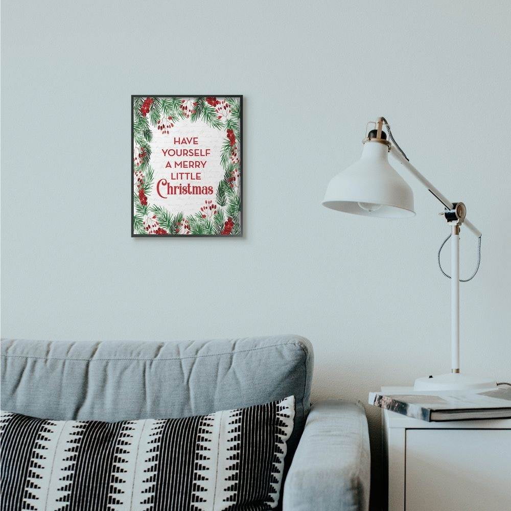 Stupell Industries Merry Little Christmas Pine Wreath Holiday Word DesignFramed Wall Art By Artist Lettered and Lined