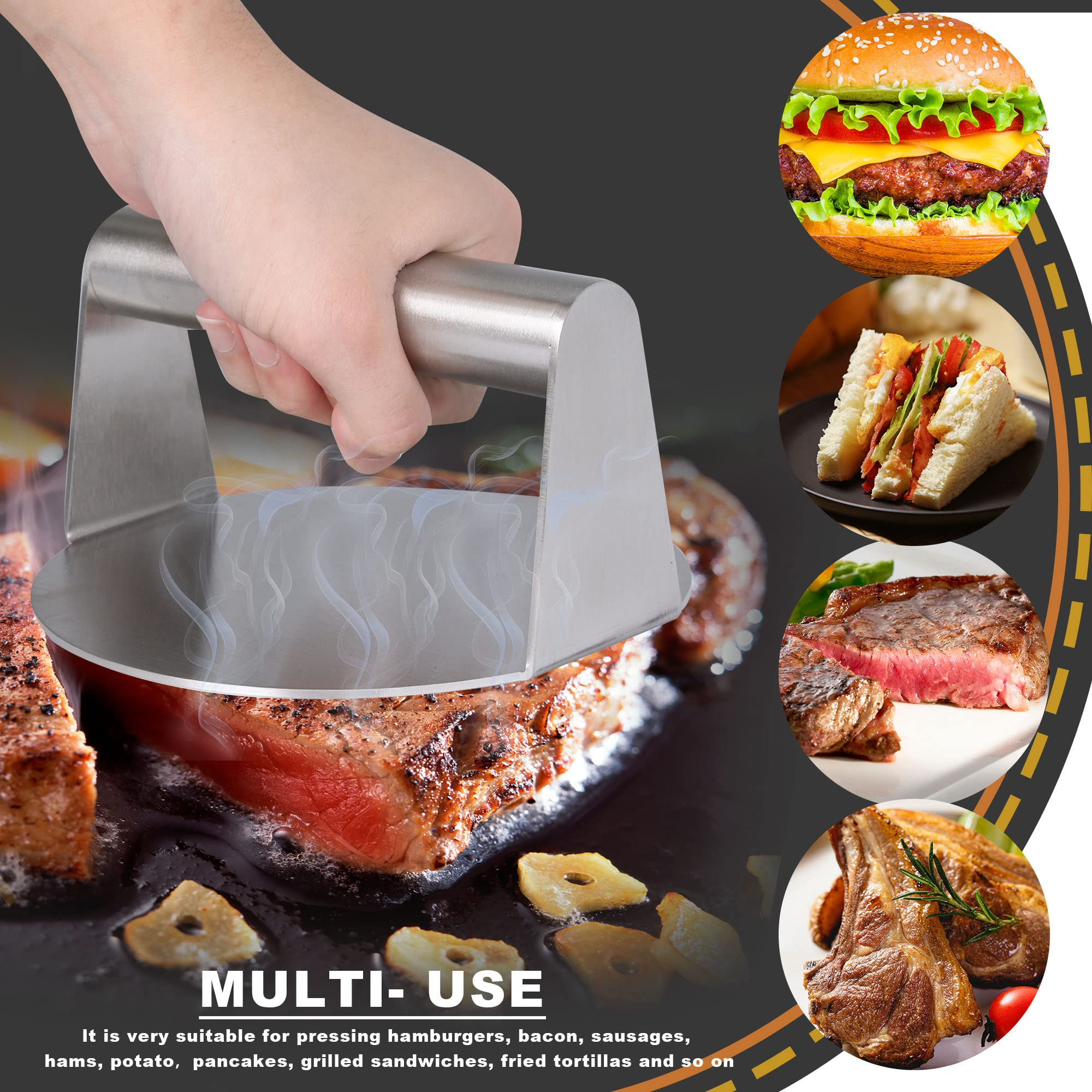 Stainless Burger Press Meat Smasher Hamburger Steak No-Rust for Griddle BBQ