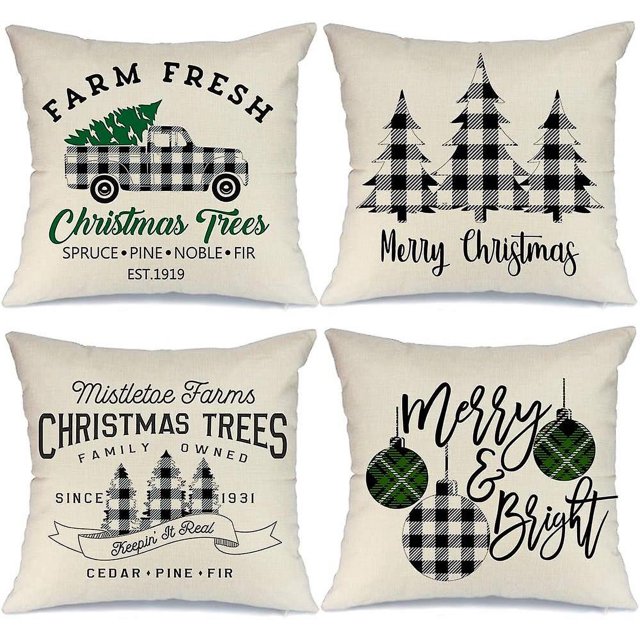 Liangnv Fundas de almohada decorativas navideñas, 18 x 18, juego de 4 almohadas navideñas con árbol a cuadros de búfalo brillante, almohadas navideñas rústicas para vacaciones de invierno