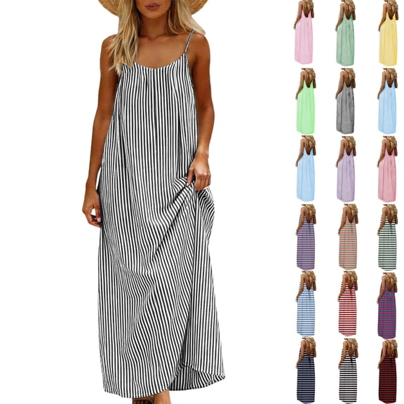 Summer Backless Dresses for Women 2026 Cotton & Linen Casual Plus Size Sleeveless Stripe Crew Neck Cute Beach Maxi Dresses A-Black S-3XL