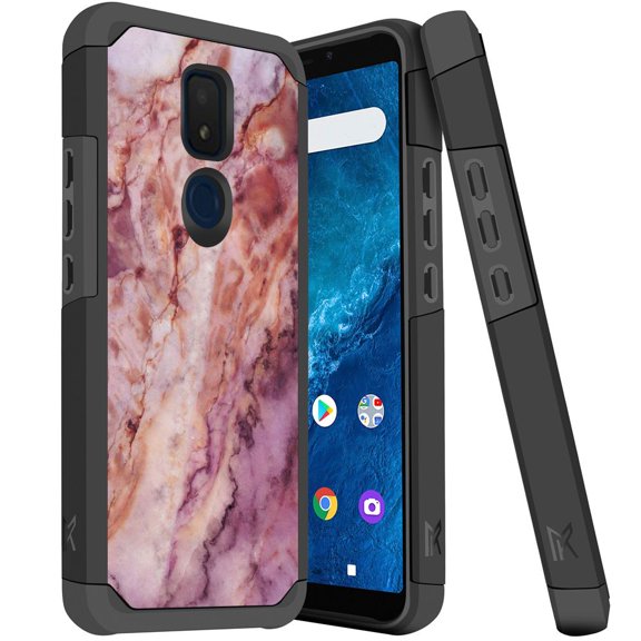 ANJ  Slim Dual Layer Hybrid Shockproof Case   Tempered Glass Cover for Cricket Icon 3, Splendor, AT&T Motivate 2 - Rose Gold Marble Pattern