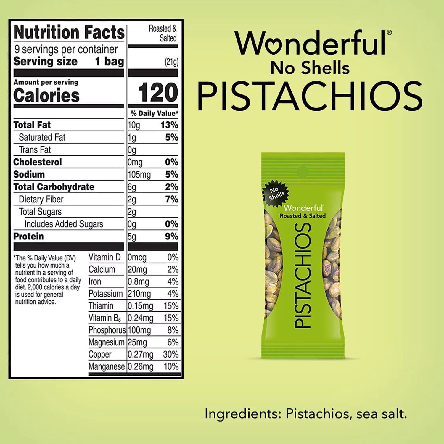Wonderful Salted & Roasted Pistachios, No Shells, 0.75 oz., 21 pk.