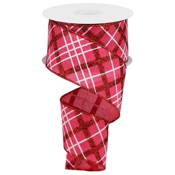 2.5 inch Glitter Diagonal Plaid: Hot Pink/Red (10 Yard)