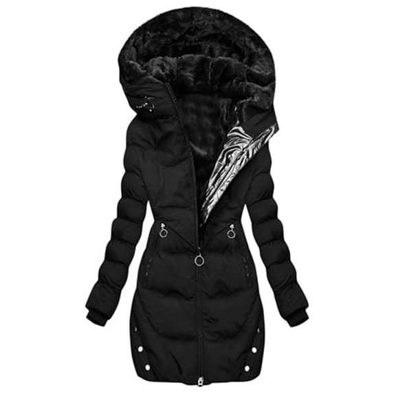 Women's Down Jacket and Parka with Snow Leopard Fleece Lining, Winter Coat, Double-zip Hooded Jacket, Warm and Thick Coat Black L