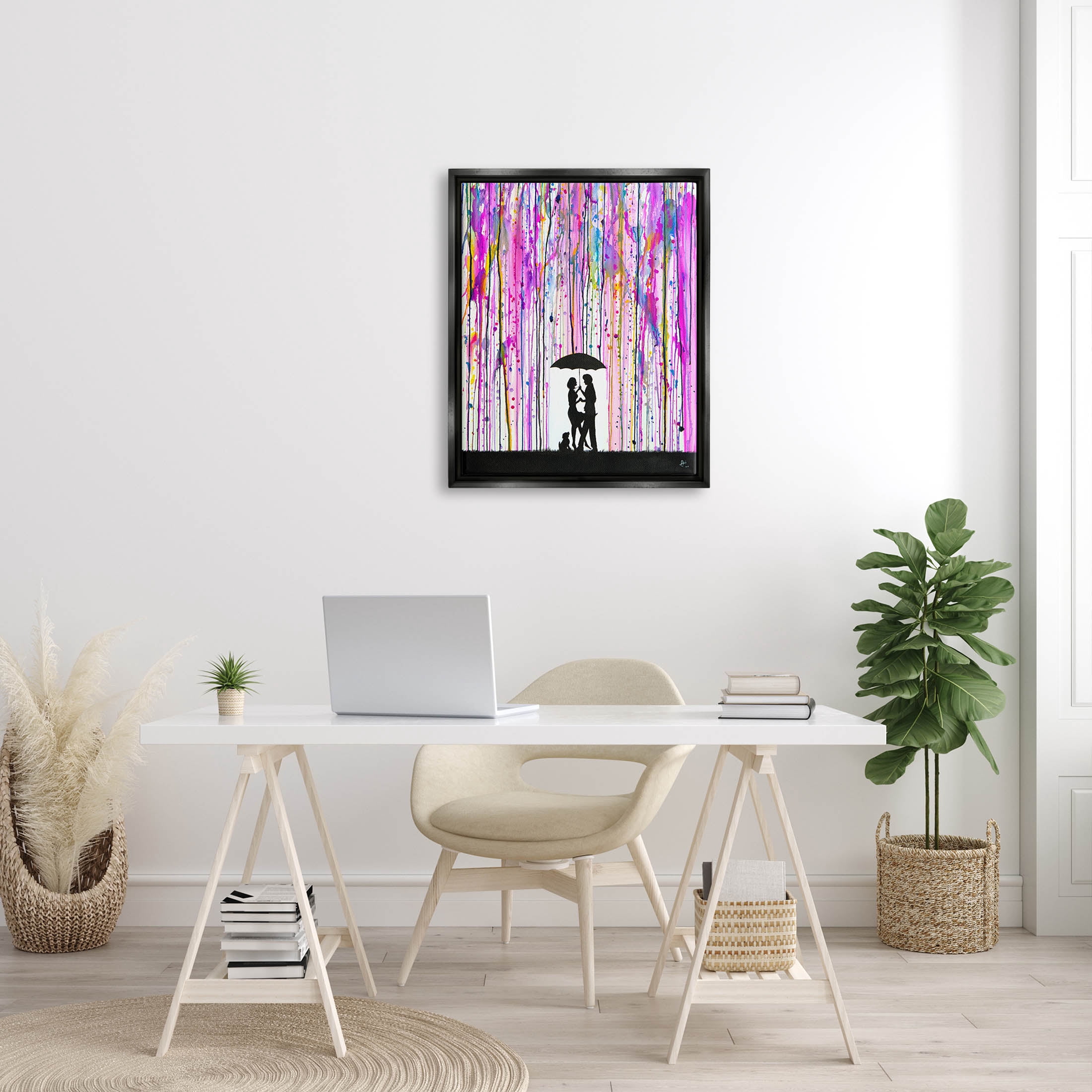 Bold Purple Rainfall Family Silhouette Abstract Graphic Art Jet Black Framed Art Print Wall Art