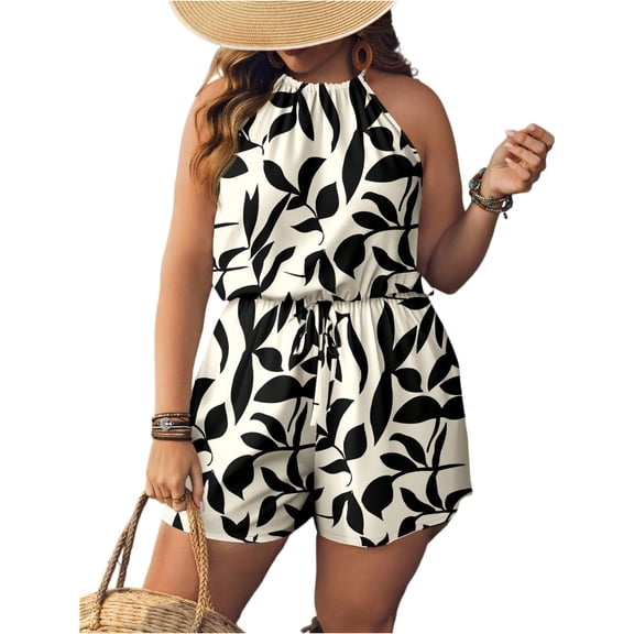 Women's Halter Neck Floral Print Romper Casual Summer Tie Back Shorts Jumpsuit