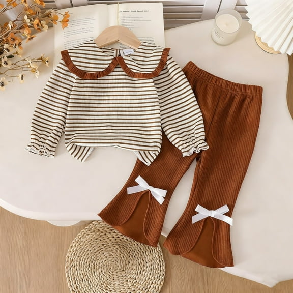 dazeni Toddler Little Girls Fall Winter Outfits Two Piece Set with Ribbed Knit Long Sleeve Pullover and Pants Fashion Cute Flare Pants Sets 2 Years