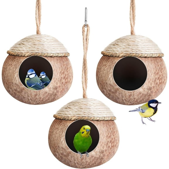 3 Pcs Natural  Bird Hide Nest Hut for Cage with Woven Straw Bird House for Parrot Cockatiel Lovebird Finch Squirrel Hamster