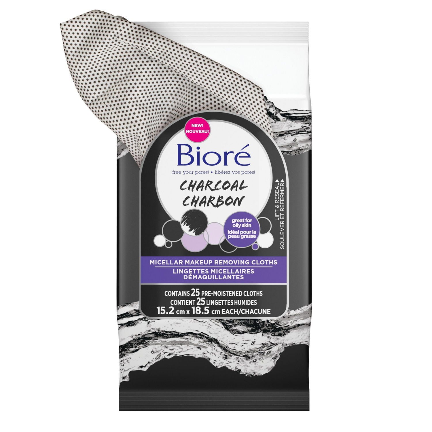 Lingettes micellaires démaquillantes au charbon de Bioré 25 cts