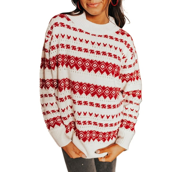 Women's White Western Geometric Patterned Crew Neck Loose Sweater - [ZhiHiMeRi] | (US 12-14)L