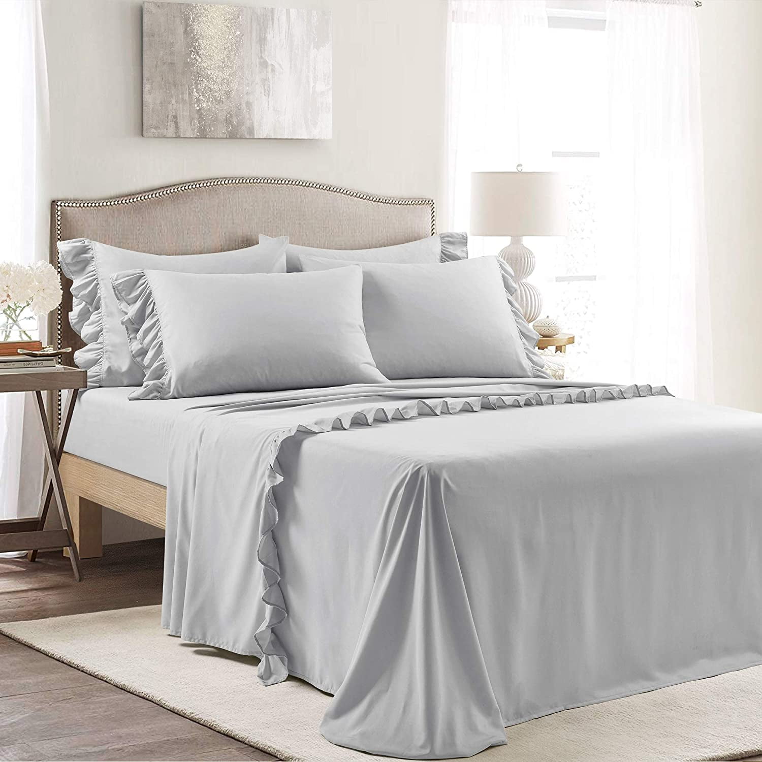 Ruffle Bed Sheet Set 6 Piece - 16 Inch Deep Pocket - 100% Pure Bamboo Bed Sheet Set - Anti Static Feels Like Silk - Super Comfy, Extra Soft and Luxury - Light Gray Solid, Twin Size.