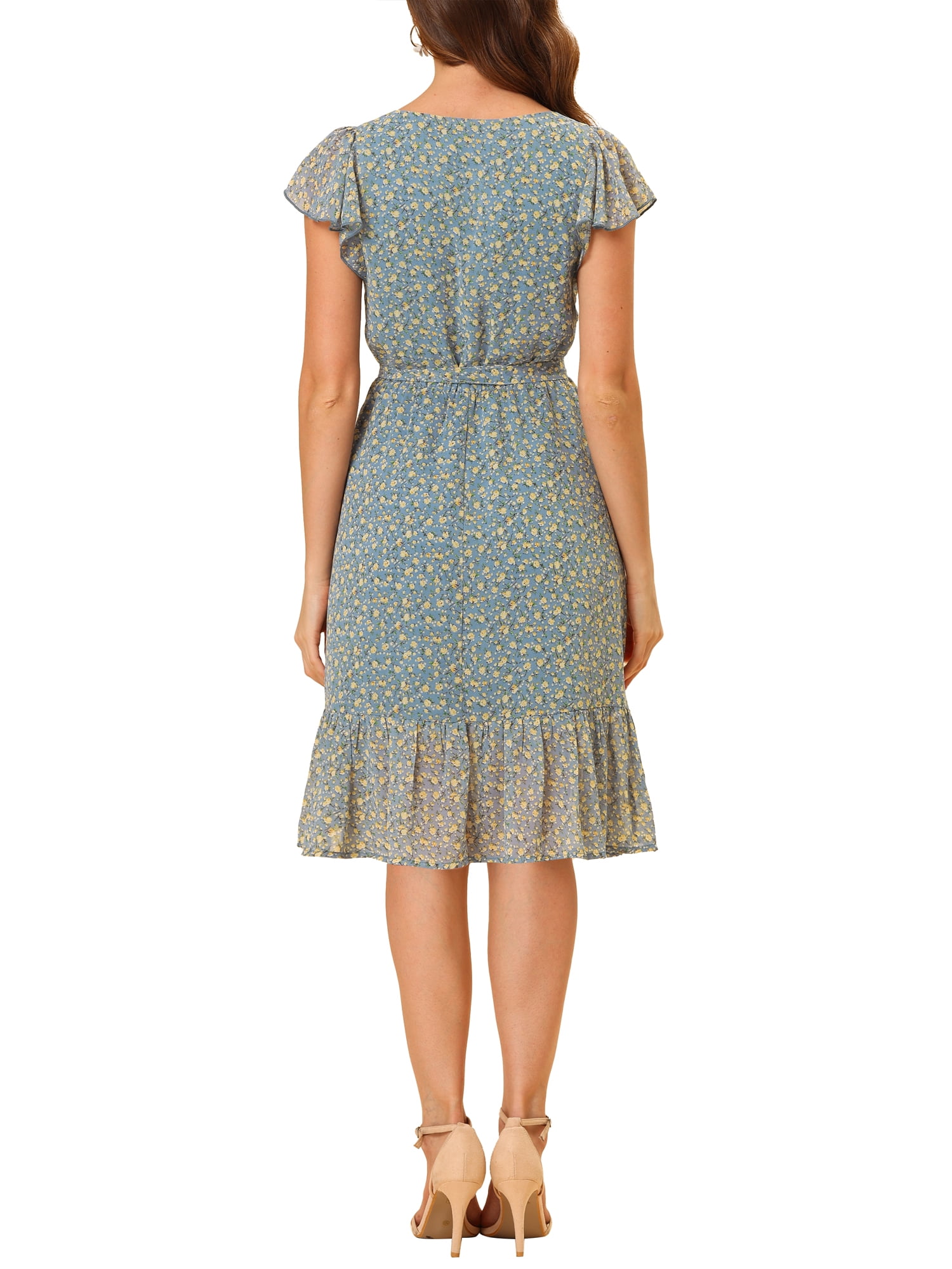 DARING DIVA Square Neck Flutter Sleeve A-Line Midi Dress M Blue Gray