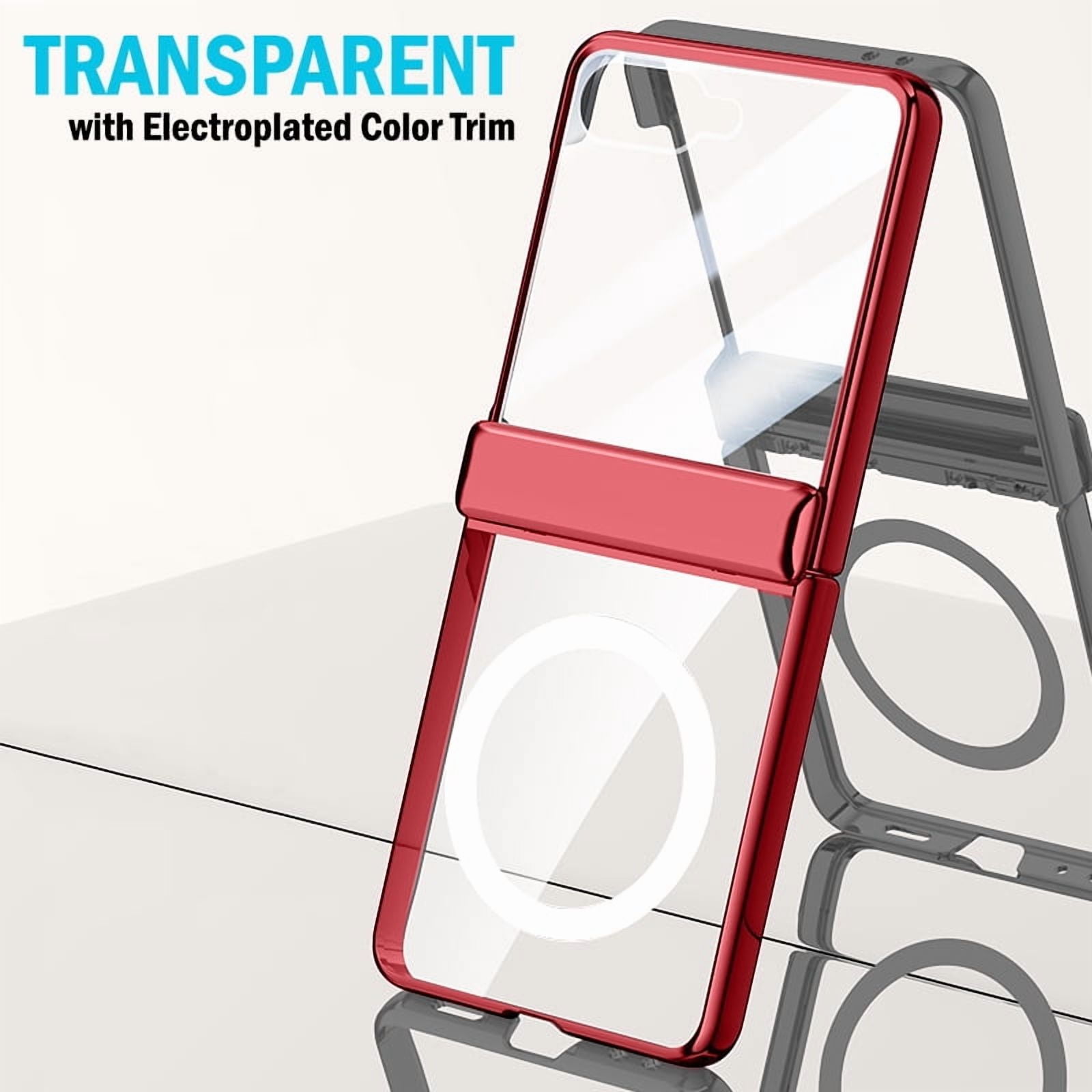 Nakedcellphone Electro Combo for Samsung Galaxy Z Flip 7 Phone Case with Belt Clip Holster Holder - Built-In Screen Protector - Hinge Cover - Compatible with MagSafe - Red/Clear