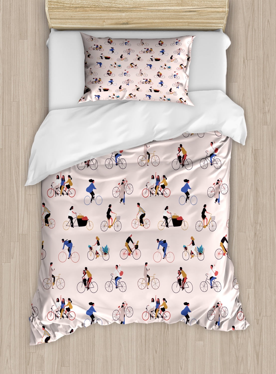 Bicycle Duvet Cover Set, Men and Women People Riding Bikes Repetition