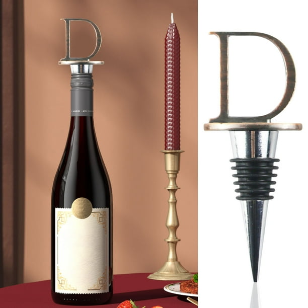 Tapón de botella de vino con alfabeto personalizado | Materiales de aleación y grado alimenticio premium | 26 Cartas iniciales | Toppers de vino reutilizables | 4" de altura | Regalos de Fiesta |
