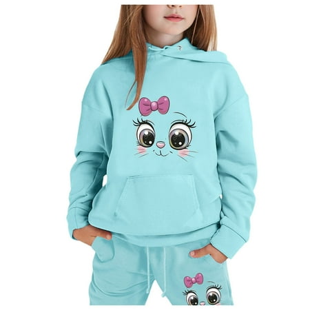 Tiijoy Big Girls Sweatsuit Cartoon Cat Print Hoodie Sweatpants Outfits Sizes 8-9