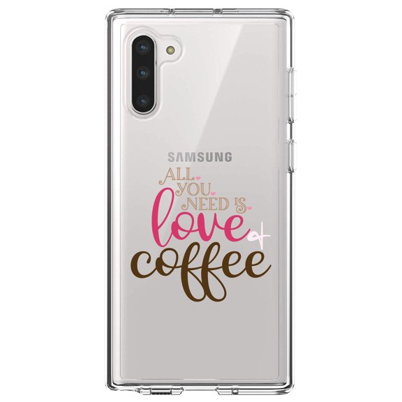 DistinctInk Clear Shockproof Hybrid Case for Samsung Galaxy Note 10 (6.3" Screen) - TPU Bumper Acrylic Back Tempered Glass Screen Protector - All You Need Is Love & Coffee