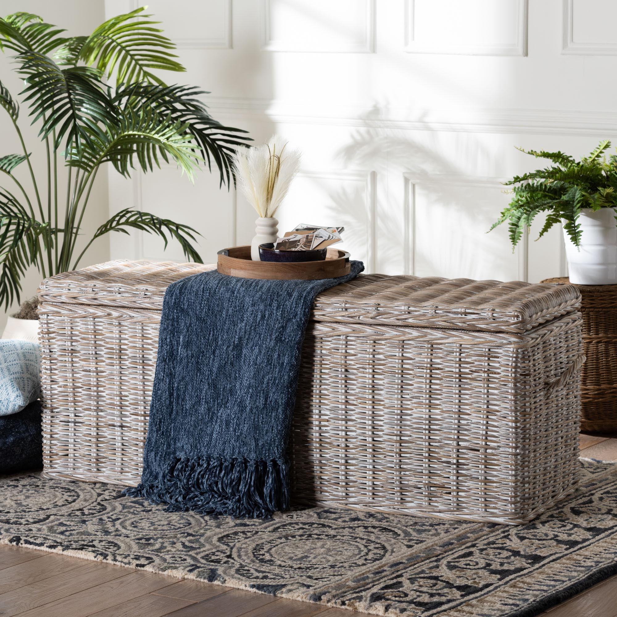 bali & pari  Clarette Boho Storage Bench, Whitewash Kubu Grey