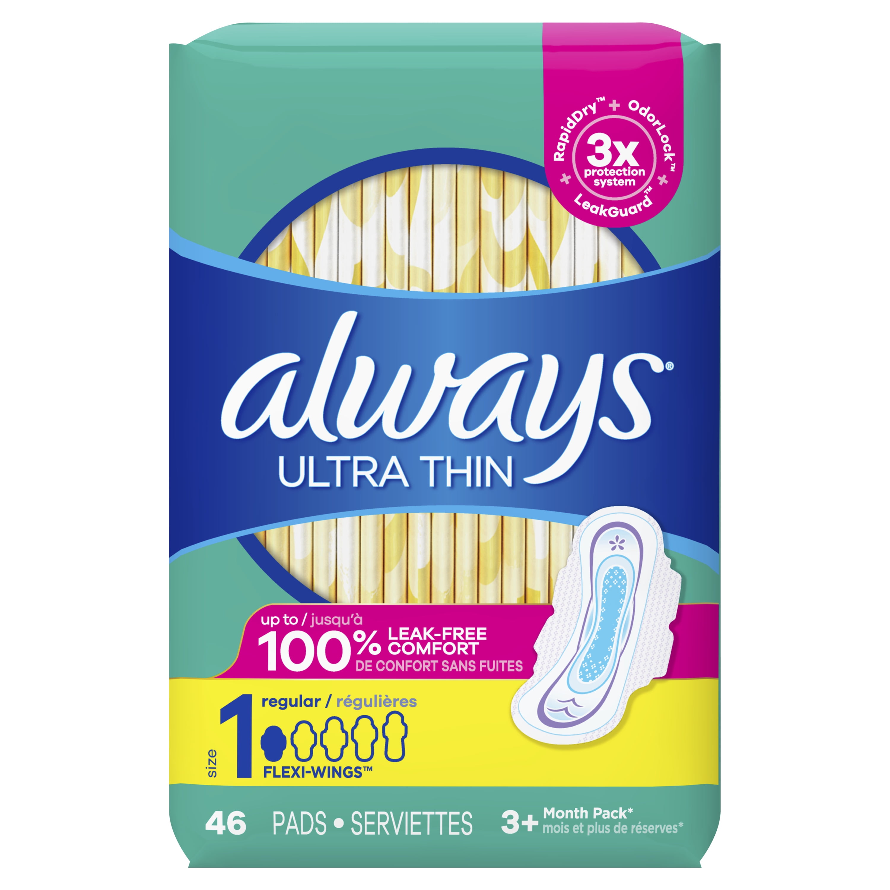 Always Ultra Thin Pads Size 1 Regular Absorbency Unscented with Wings